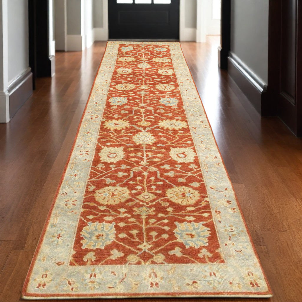 10' Red And Gray Wool Oriental Hand Knotted Runner Rug