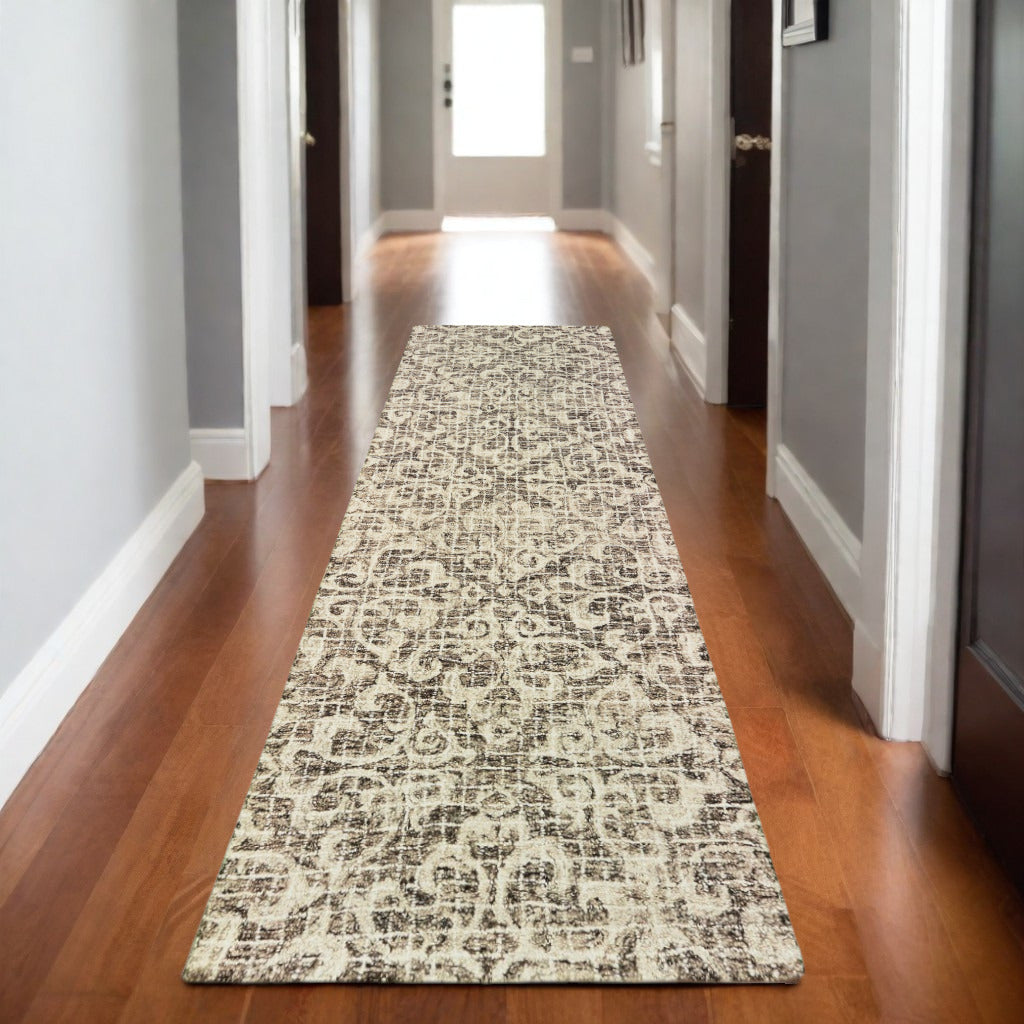 8' Brown And Ivory Wool Floral Hand Tufted Runner Rug