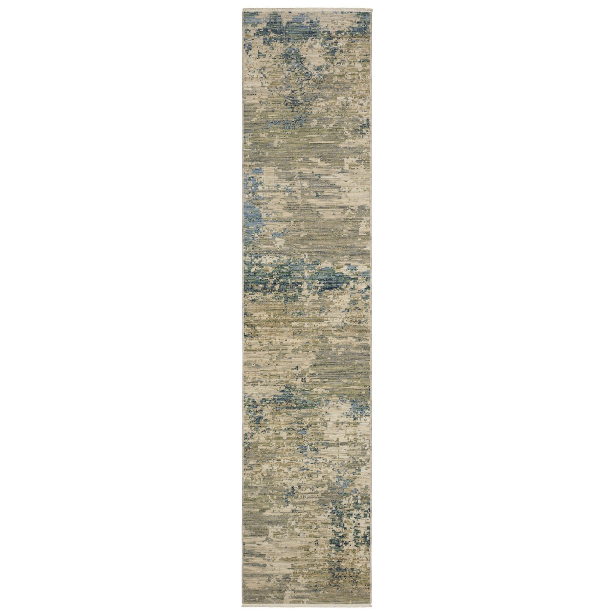 12' Beige And Blue Abstract Runner Rug With Fringe