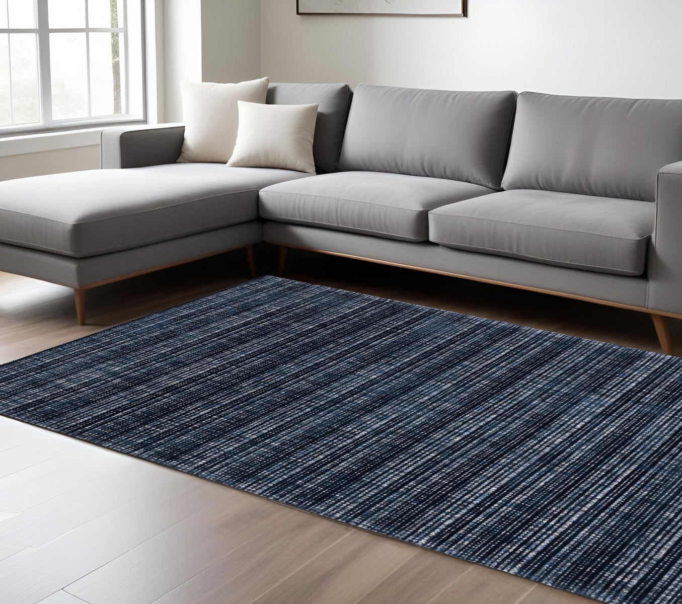 8' X 10' Navy Blue And Blue Striped Hand Tufted Area Rug