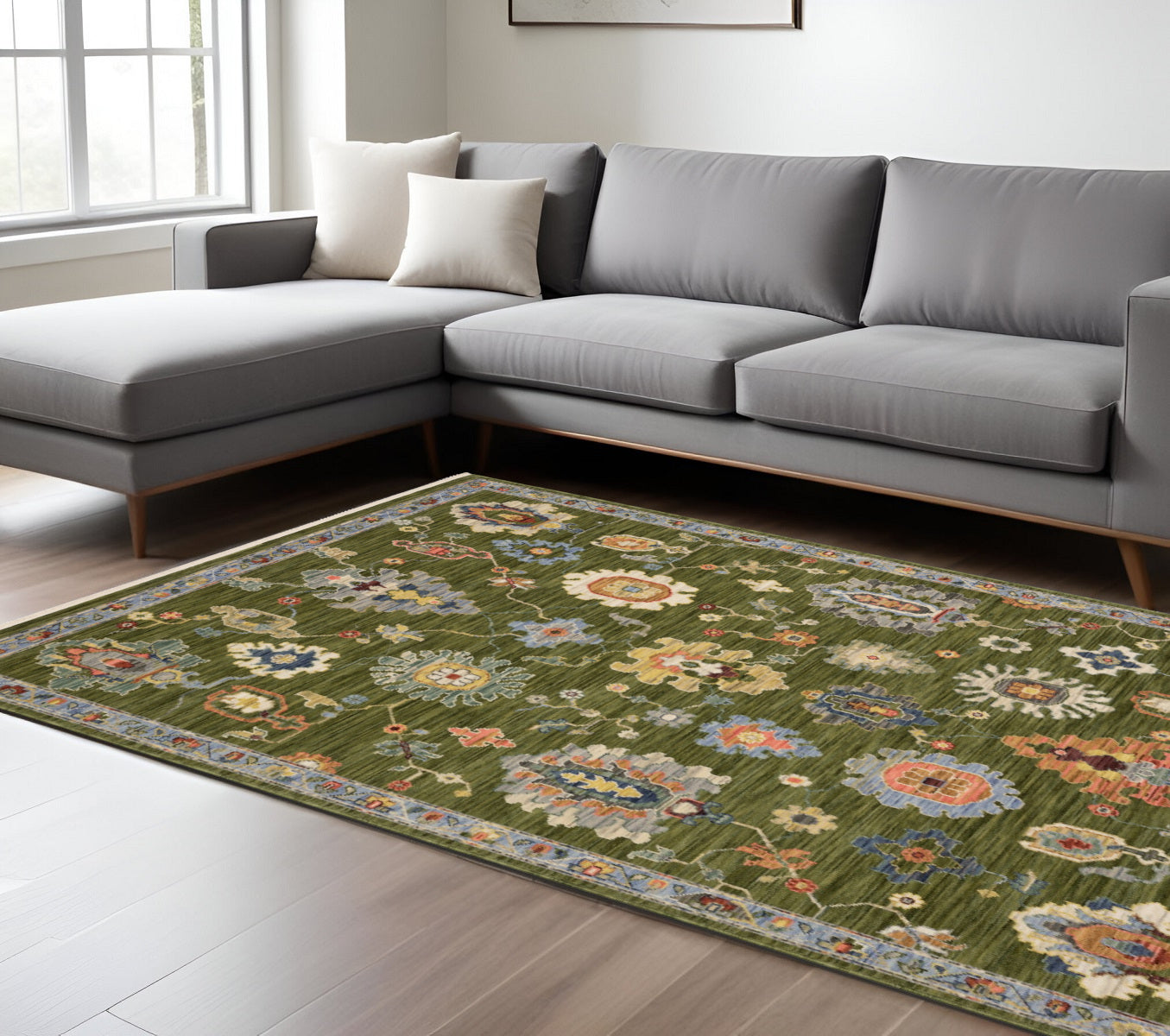 7' X 10' Green Blue And Yellow Oriental Area Rug With Fringe