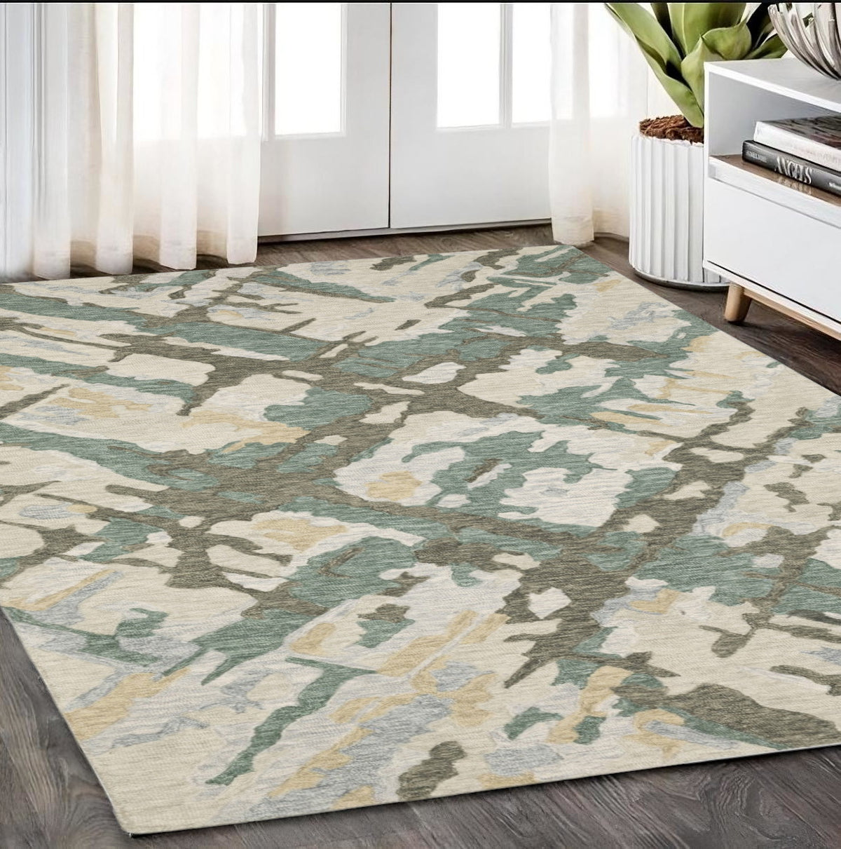 5' X 8' Gray And Teal Wool Abstract Hand Tufted Area Rug