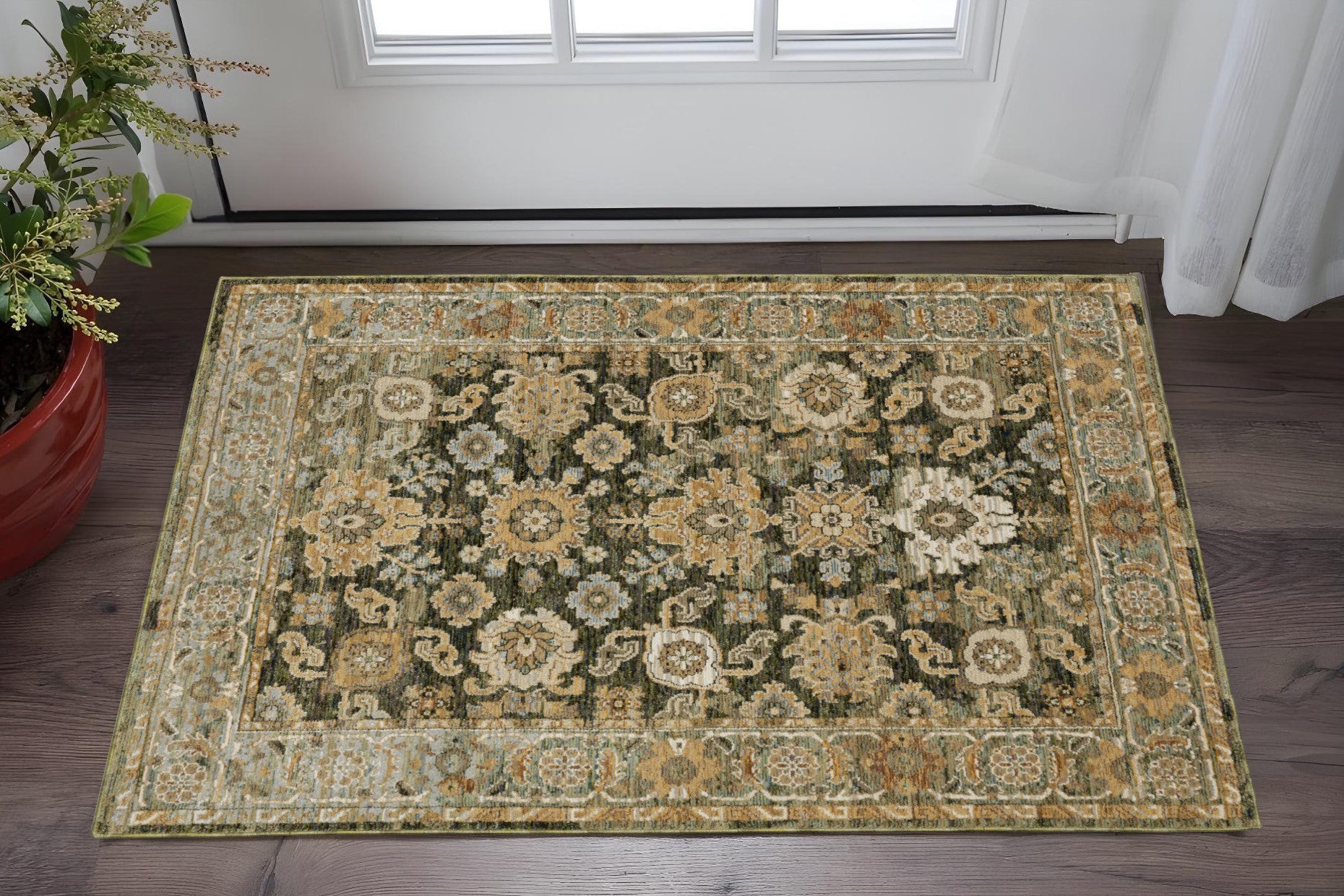 3' X 5' Green And Gold Oriental Area Rug