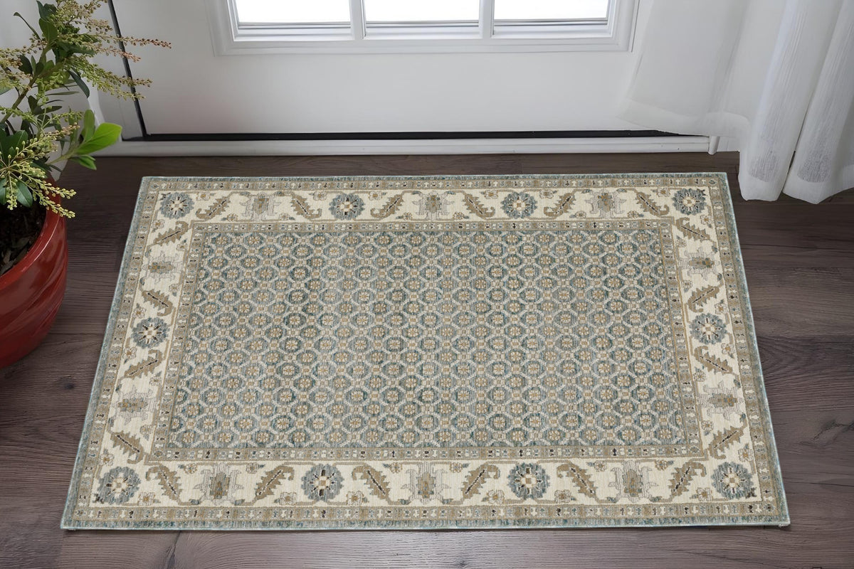 3' X 5' Blue And Ivory Oriental Area Rug
