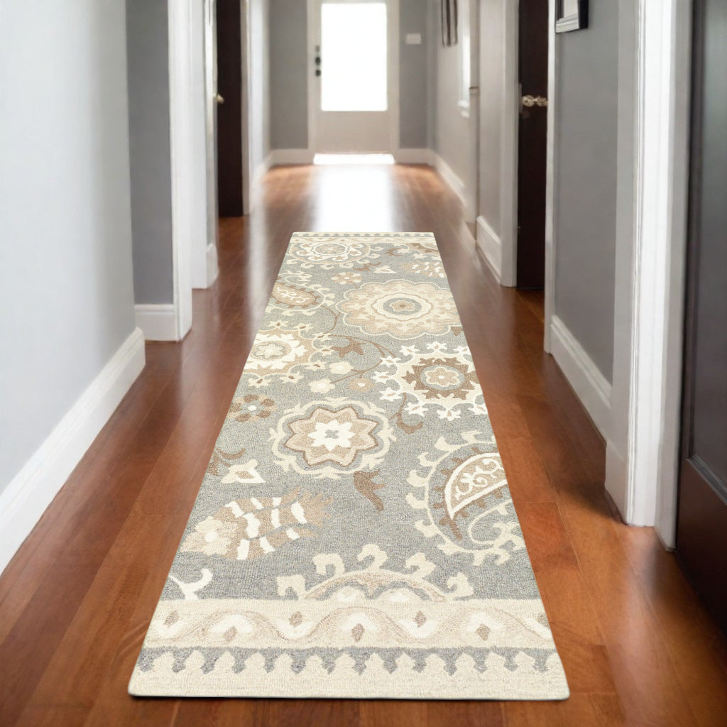 8' Gray And Sand Wool Floral Hand Tufted Runner Rug
