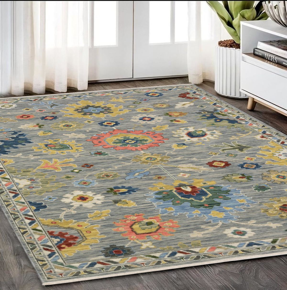 5' X 8' Gray Yellow And Salmon Oriental Area Rug With Fringe