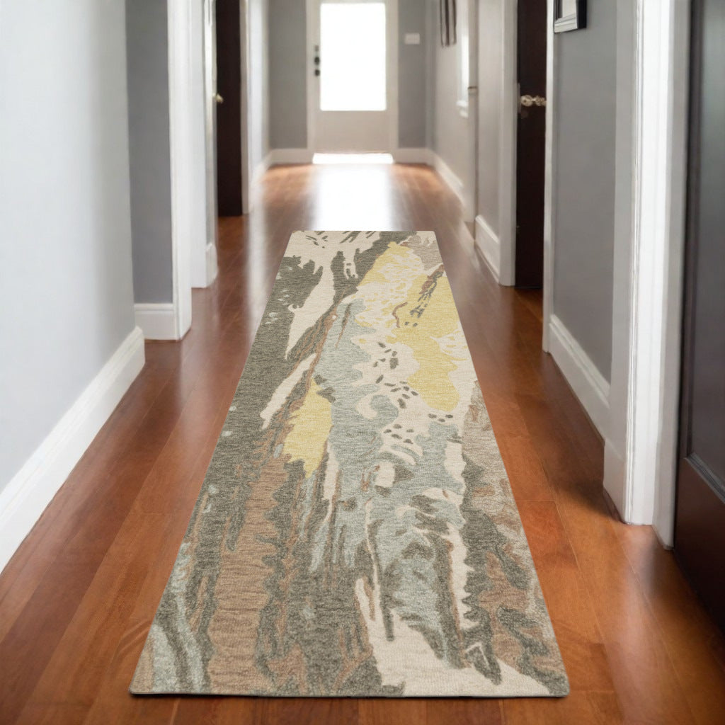 8' Beige And Yellow Wool Abstract Hand Tufted Runner Rug