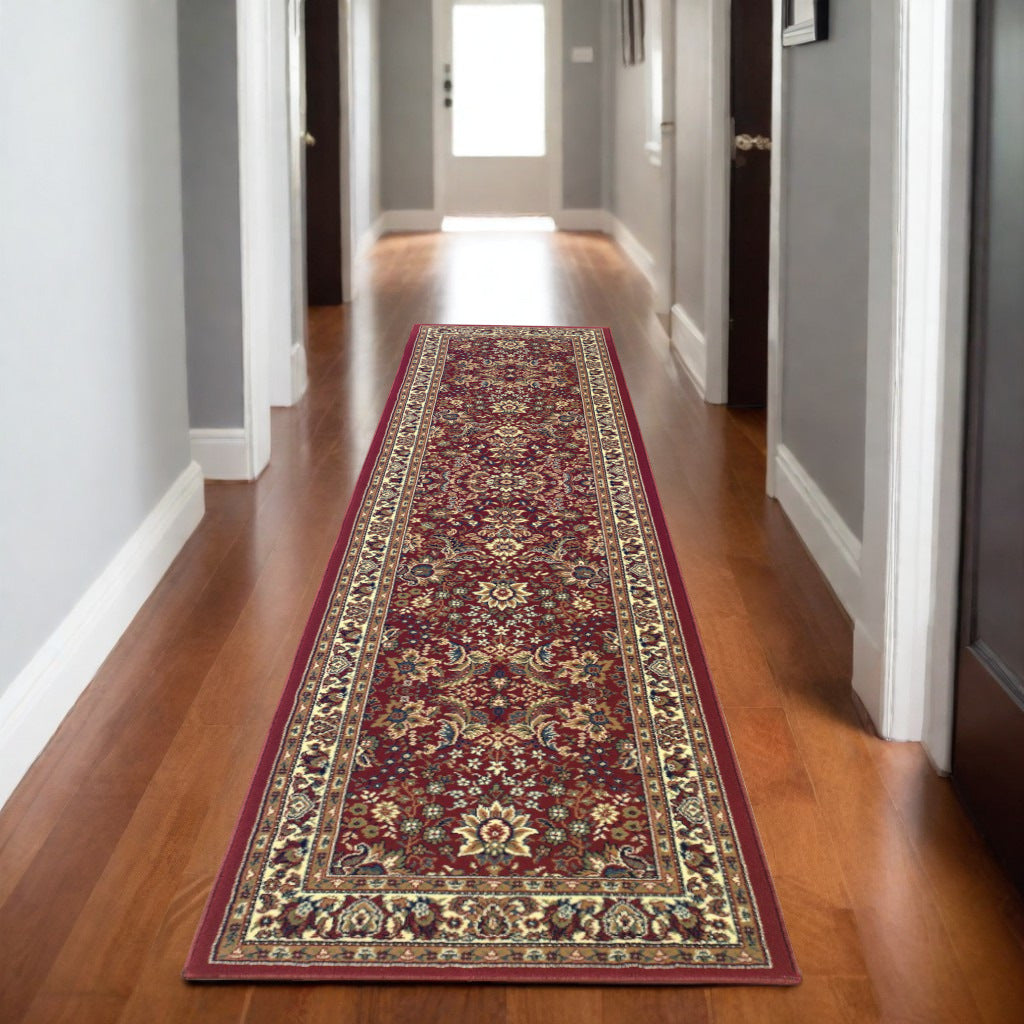 8' Red And Ivory Oriental Runner Rug