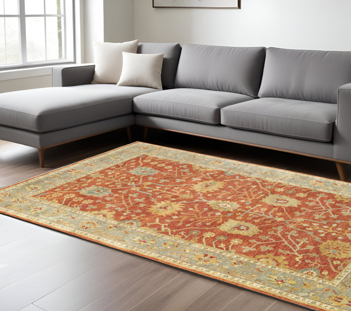 8' X 10' Red And Gray Wool Oriental Hand Knotted Area Rug
