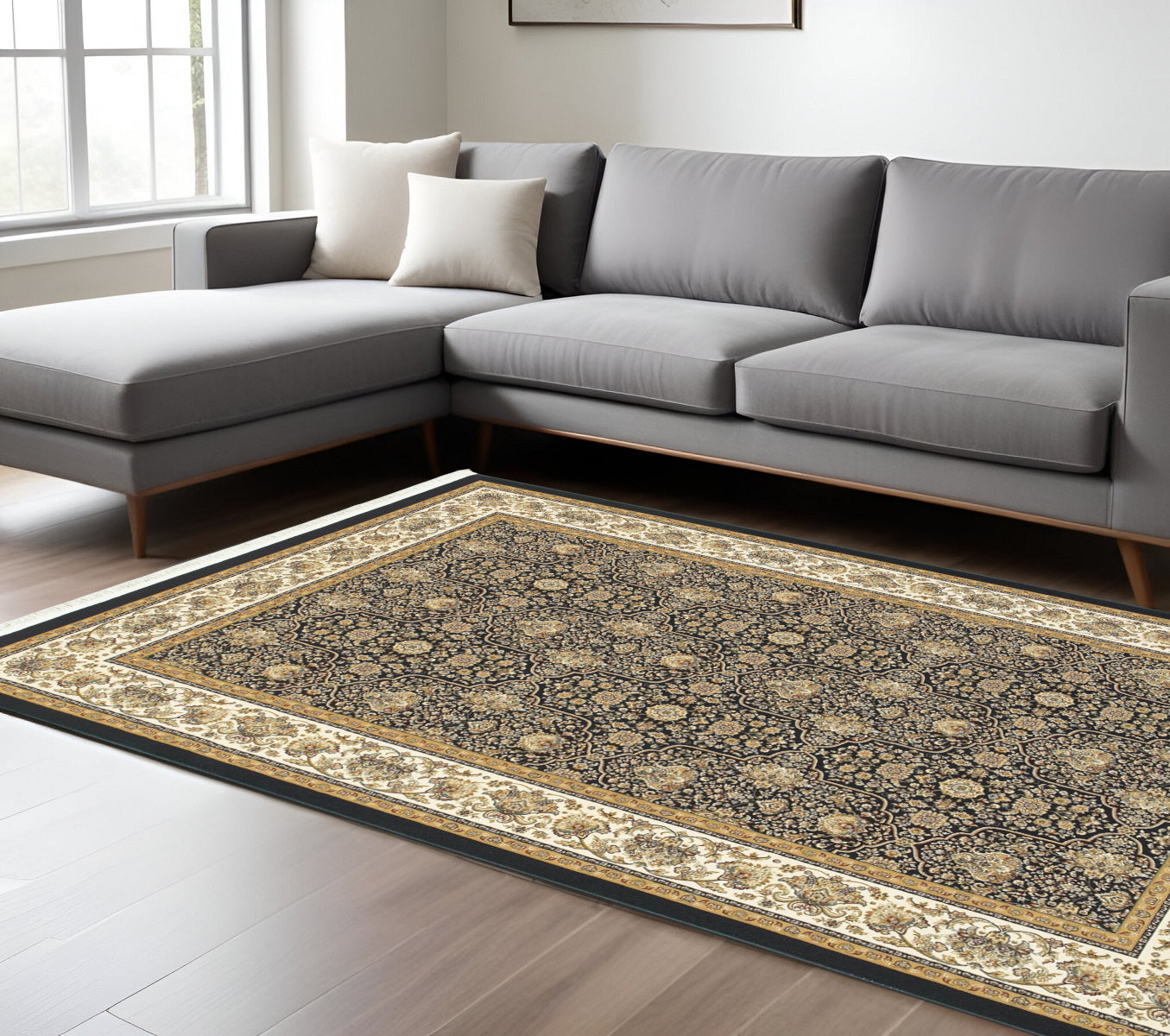8' X 11' Navy Blue And Ivory Oriental Area Rug With Fringe