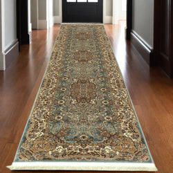 10' Blue And Gold Medallion Runner Rug With Fringe