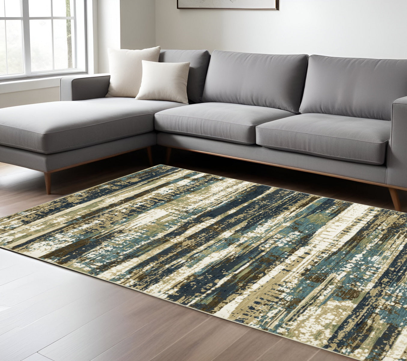 8' X 11' Beige And Blue Abstract Area Rug