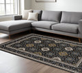 7' X 10' Navy Blue And Gold Medallion Area Rug With Fringe