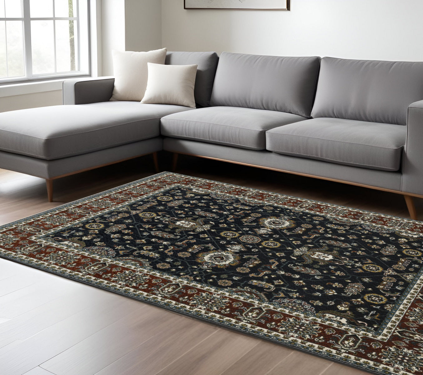 8' X 11' Navy Blue And Rust Oriental Area Rug With Fringe