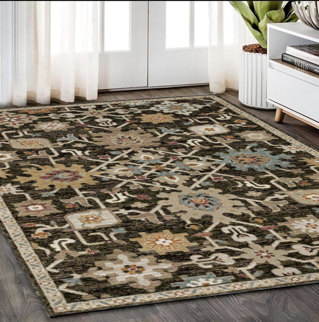 5' X 7' Brown Black And Tan Oriental Area Rug