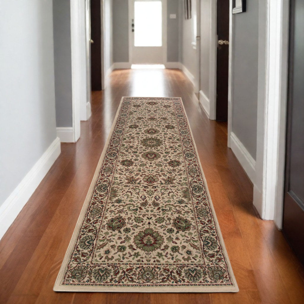 9' Ivory And Green Oriental Runner Rug