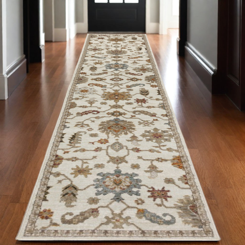 12' Ivory Gray And Orange Oriental Runner Rug