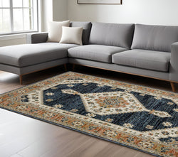 7' X 10' Blue And Orange Medallion Area Rug