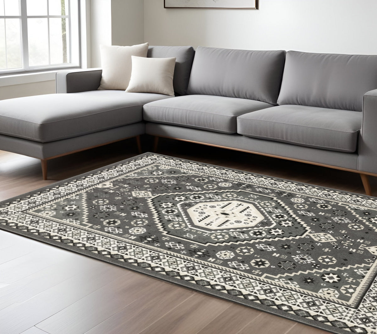10' X 13' Gray And Ivory Medallion Area Rug