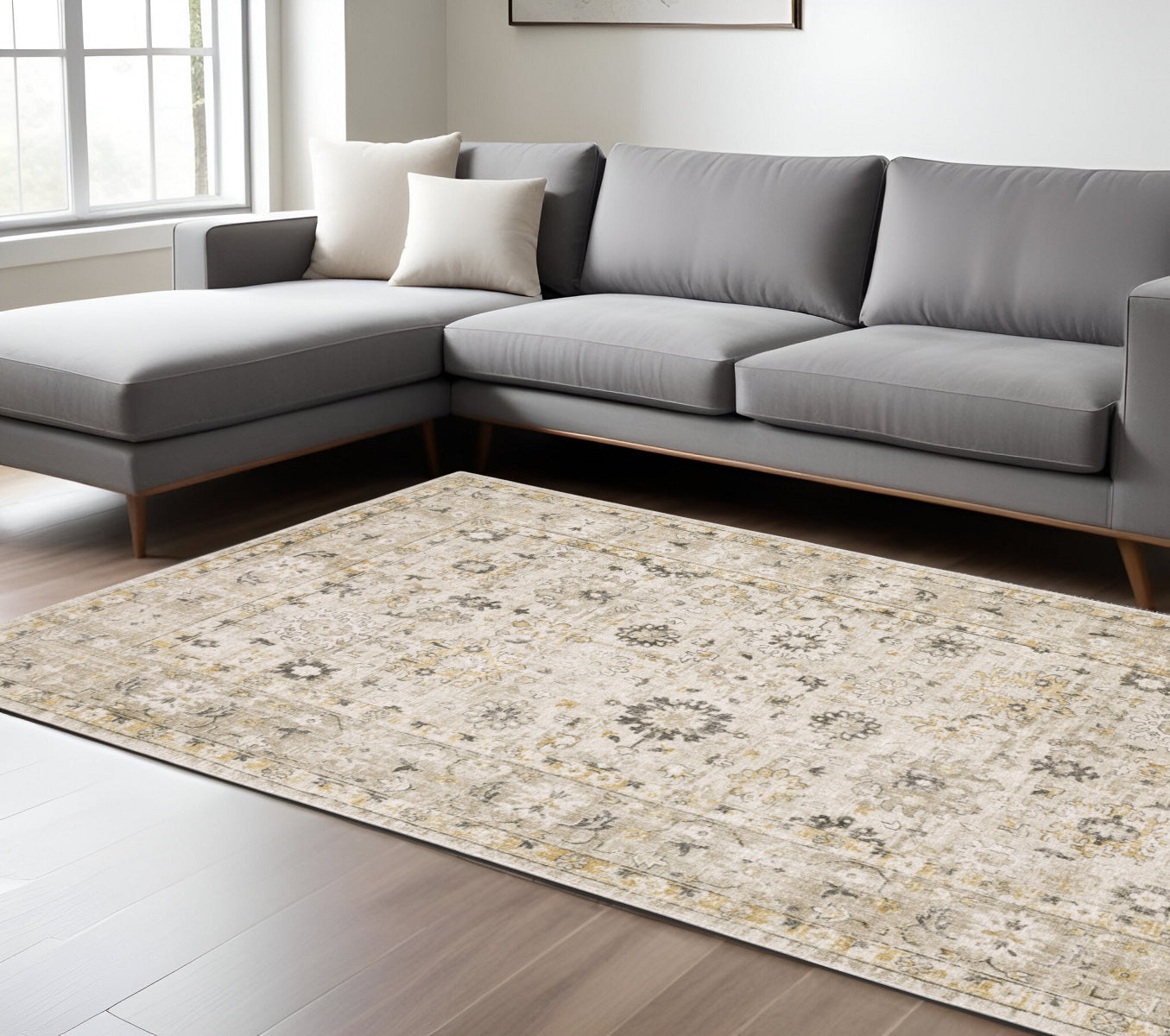 9' X 12' Beige And Gold Oriental Hand Tufted Area Rug