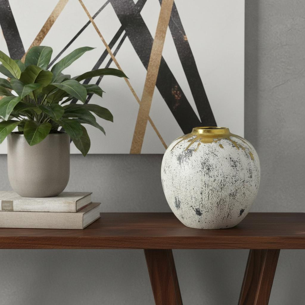 10 Ivory Gray And Gold Abstract Distressed Ceramic Round Table Vase