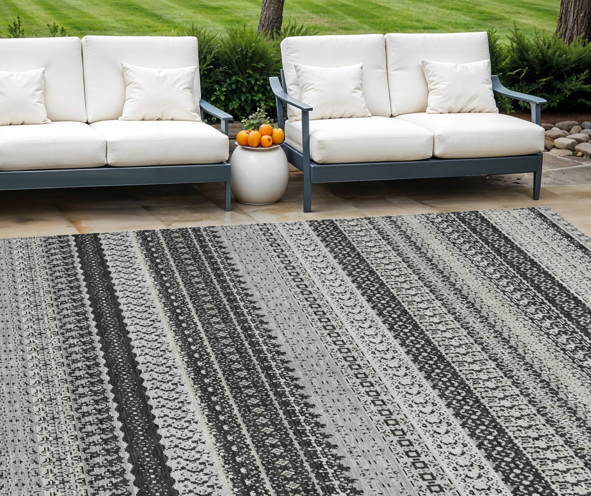 8' X 10' Black Striped Washable Indoor Outdoor Area Rug