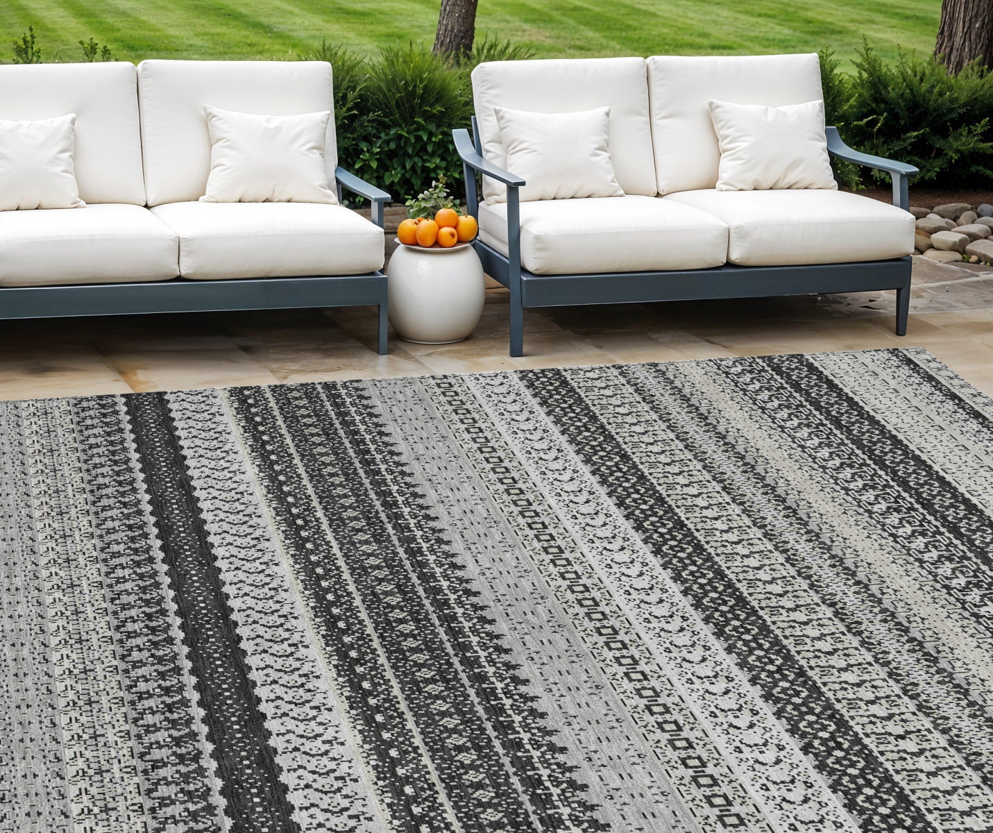10' X 14' Black Striped Washable Indoor Outdoor Area Rug