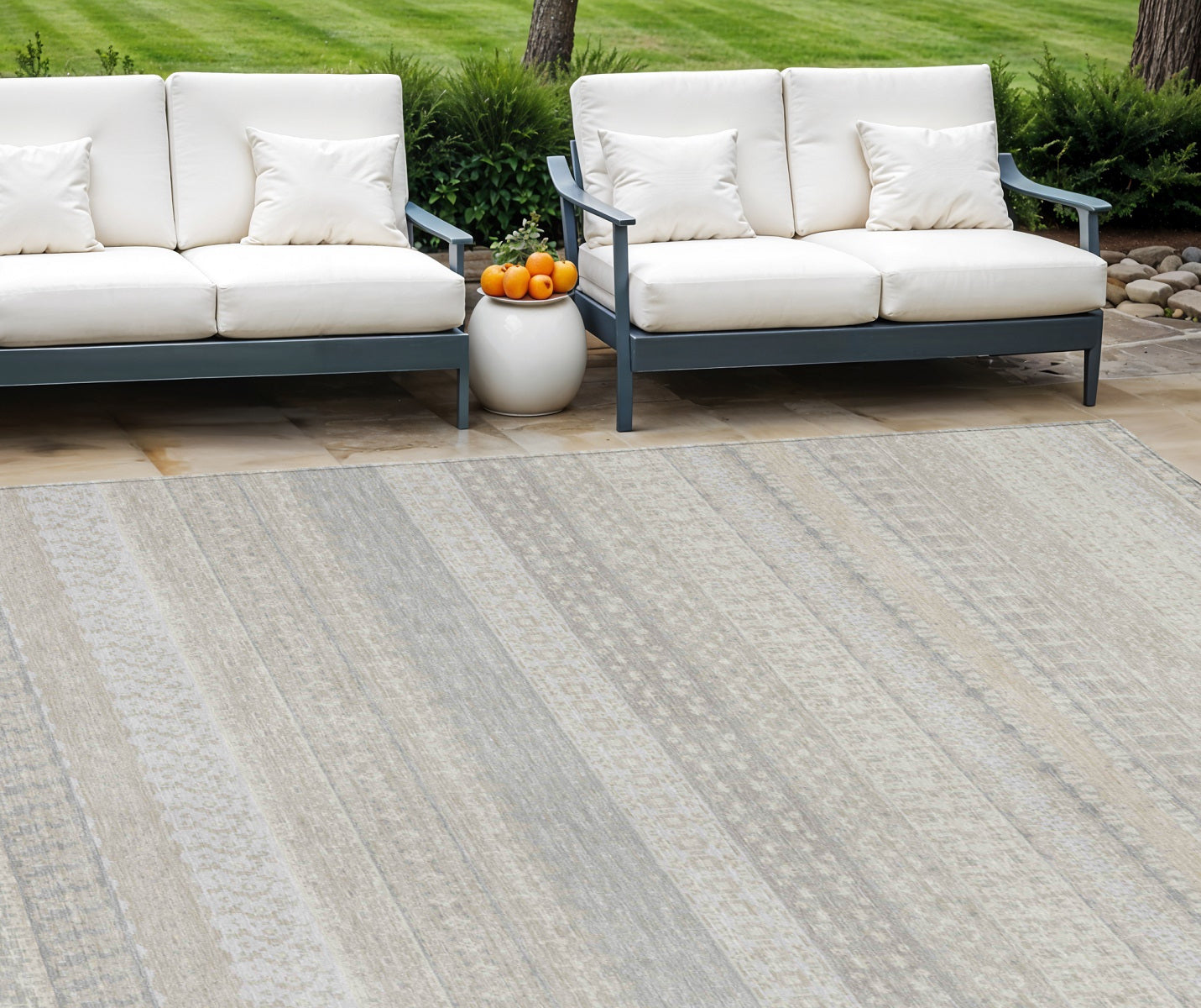 10' X 14' Ivory Striped Washable Indoor Outdoor Area Rug