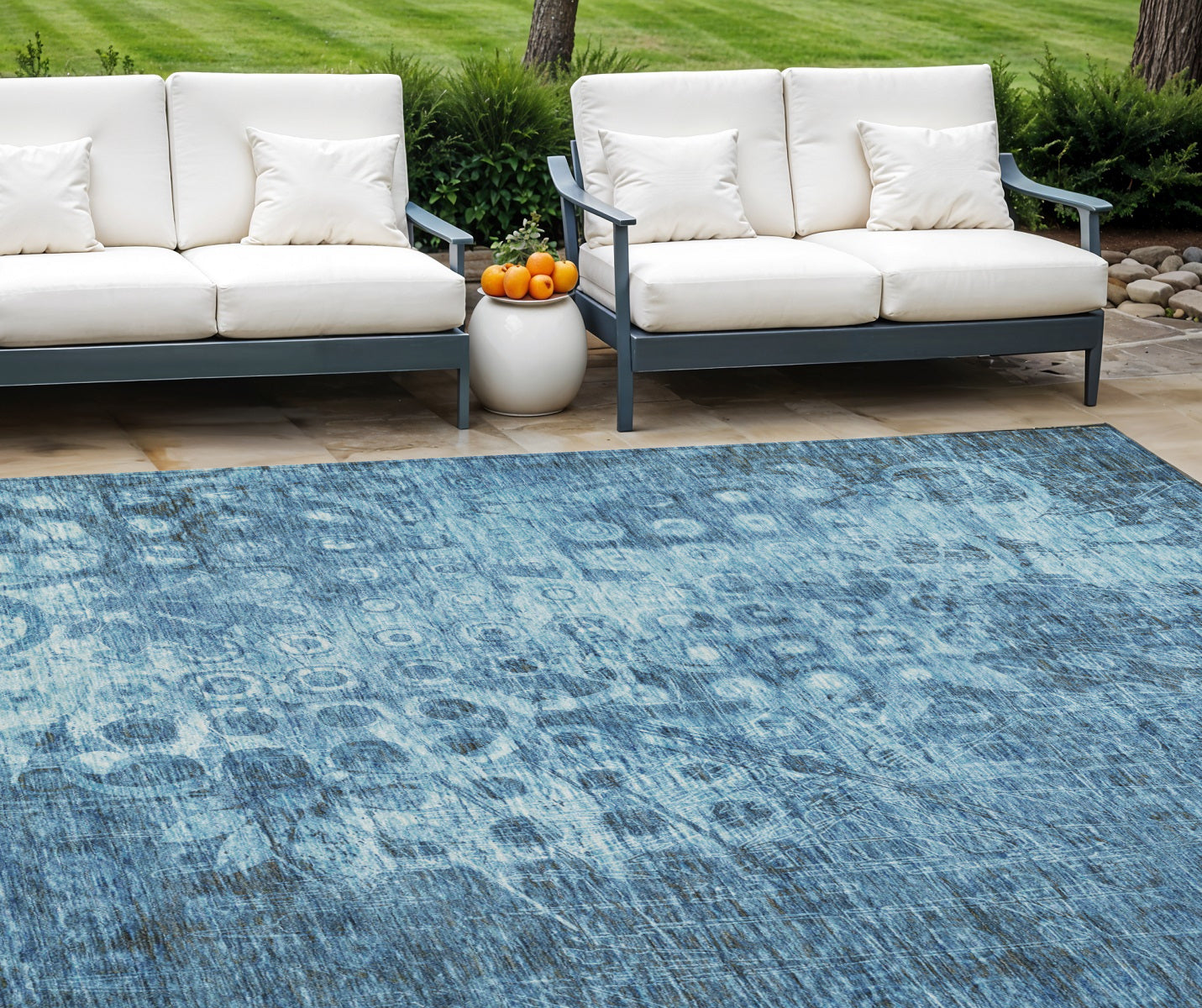 8' X 10' Blue Ikat Washable Indoor Outdoor Area Rug