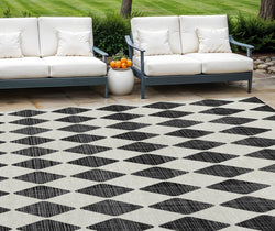 9' X 12' Black Geometric Washable Indoor Outdoor Area Rug