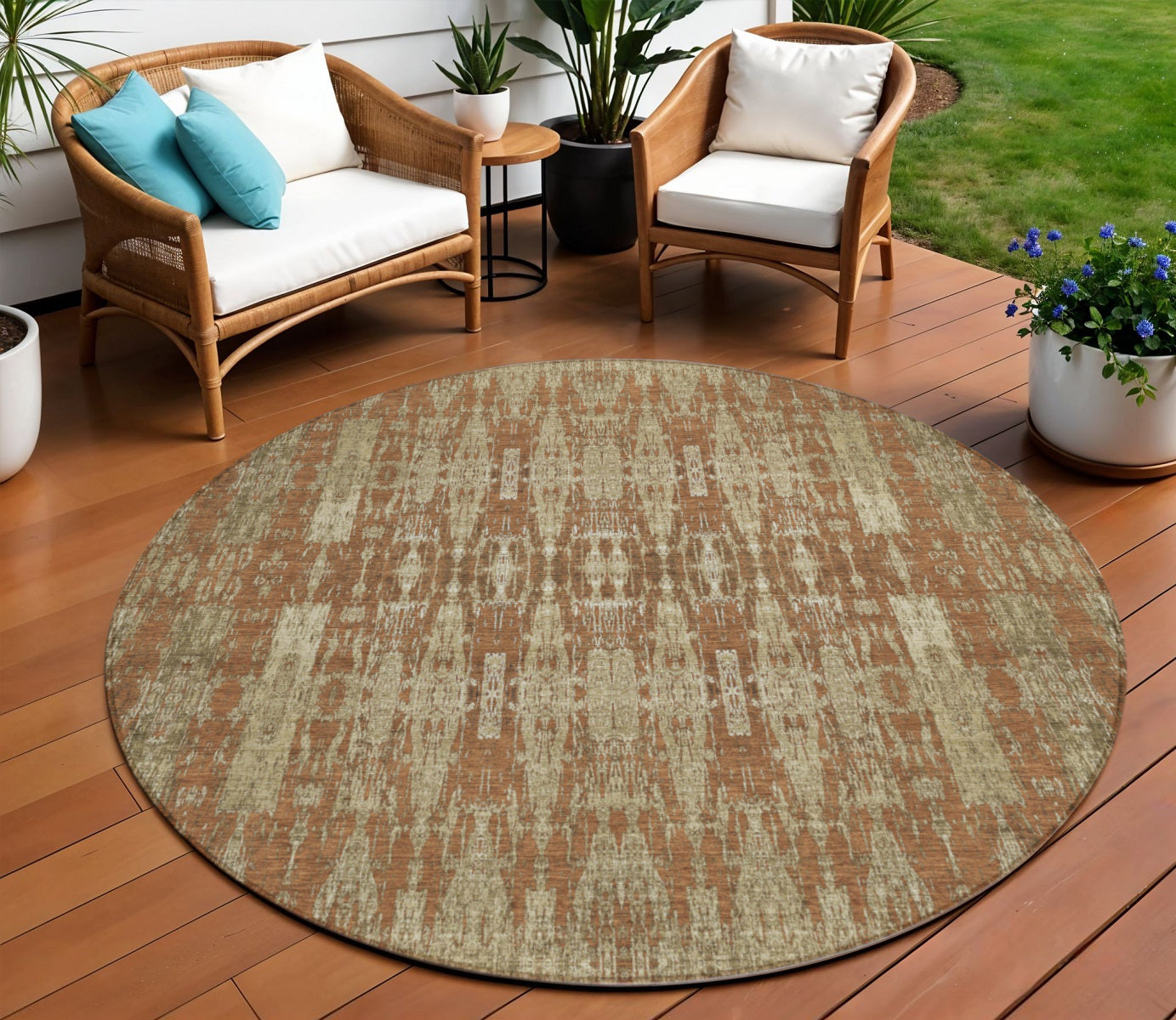8' Orange Taupe And Beige Round Moroccan Washable Indoor Outdoor Area Rug