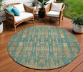 8' Teal Blue Taupe And Beige Round Moroccan Washable Indoor Outdoor Area Rug