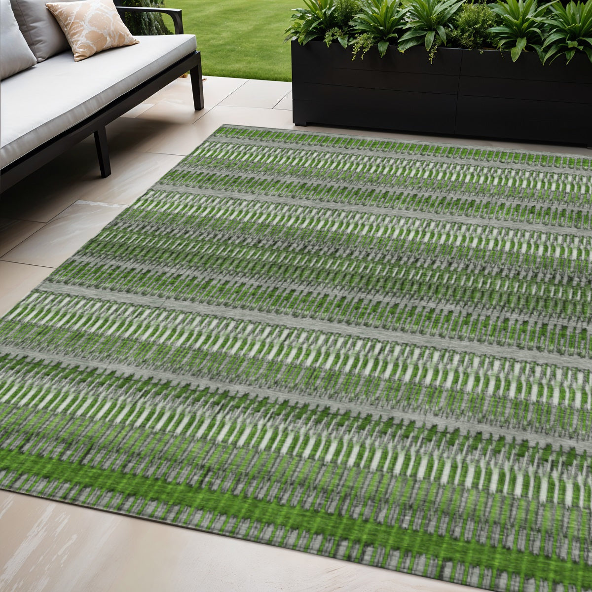 5' X 8' Green And Ivory Striped Washable Indoor Outdoor Area Rug