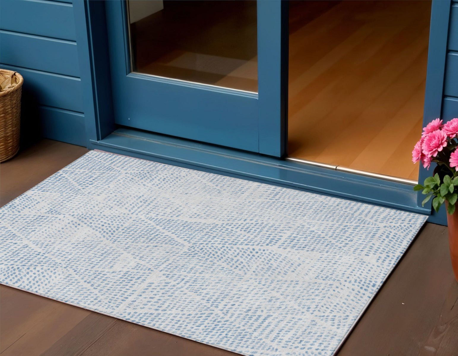 3' X 5' Denim Blue Ivory And Gray Geometric Washable Indoor Outdoor Area Rug