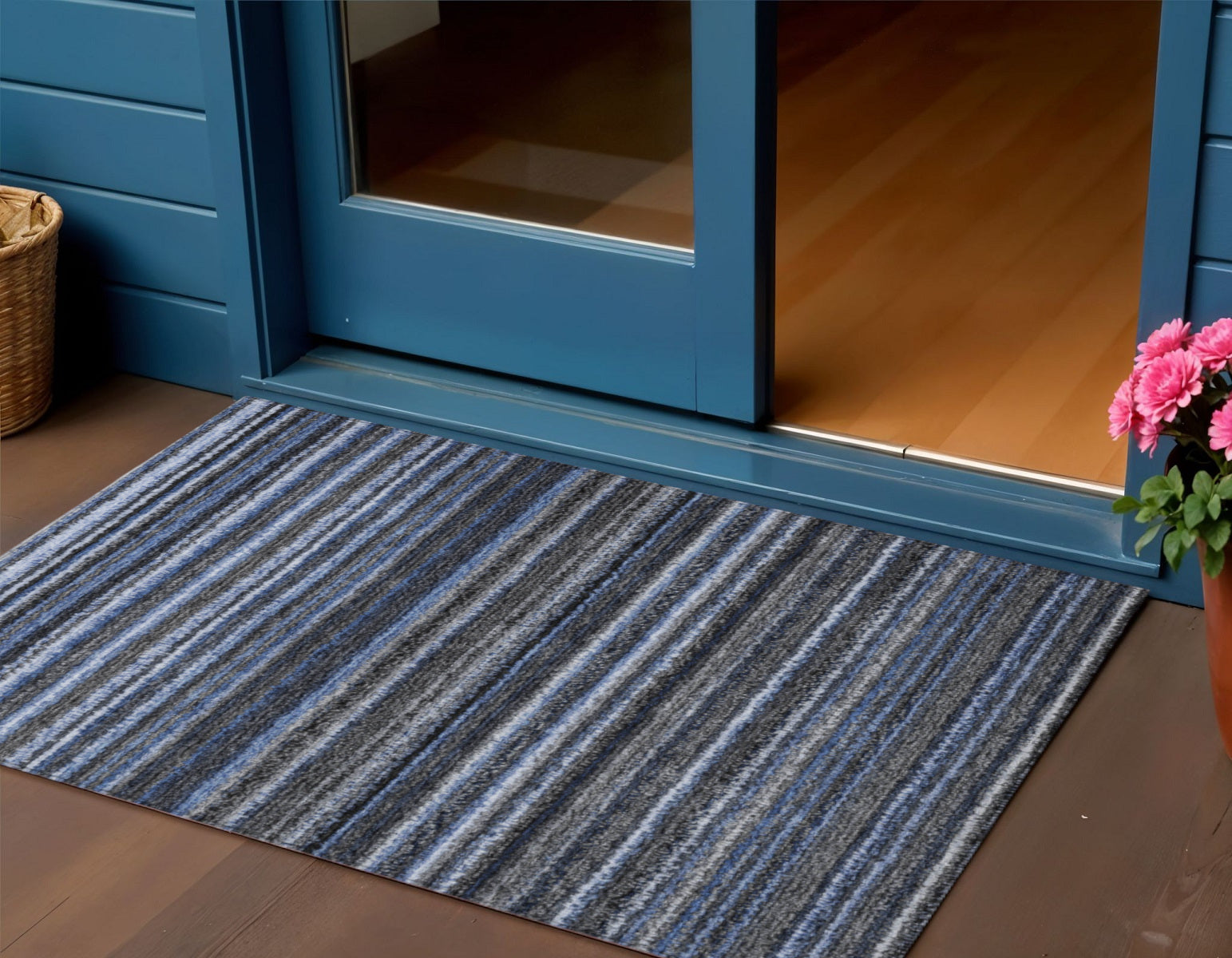 3' X 5' Denim Blue And Gray Striped Washable Indoor Outdoor Area Rug