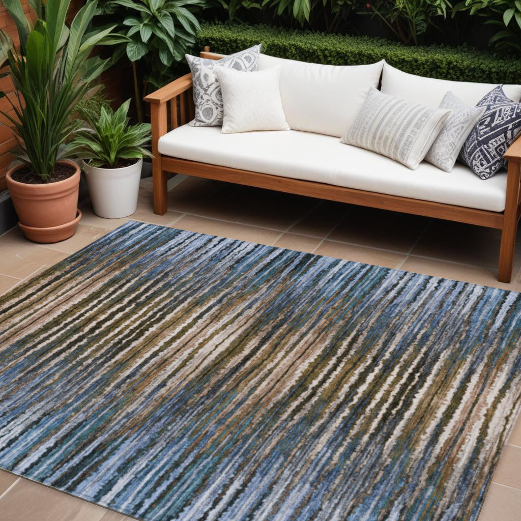 9' X 12' Blue Brown And Sky Blue Striped Washable Indoor Outdoor Area Rug