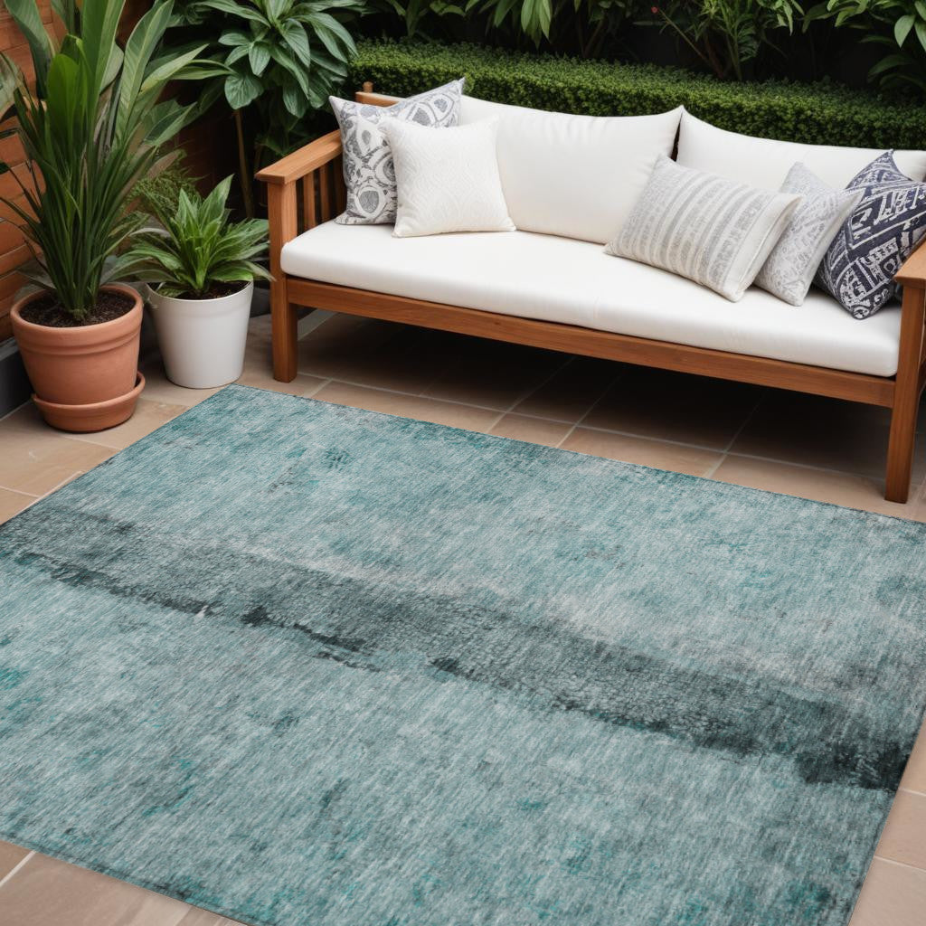 9' X 12' Teal Blue Aqua And Charcoal Abstract Washable Indoor Outdoor Area Rug