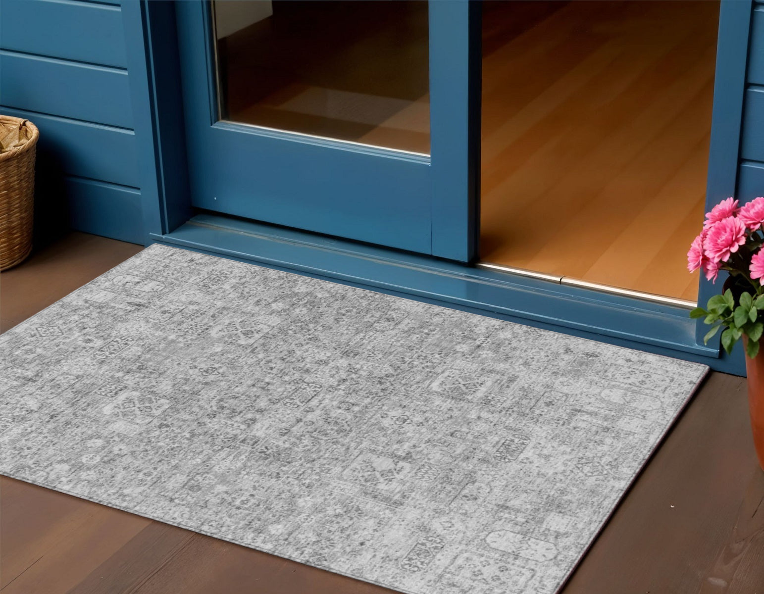 3' X 5' Gray Silver And Charcoal Floral Washable Indoor Outdoor Area Rug