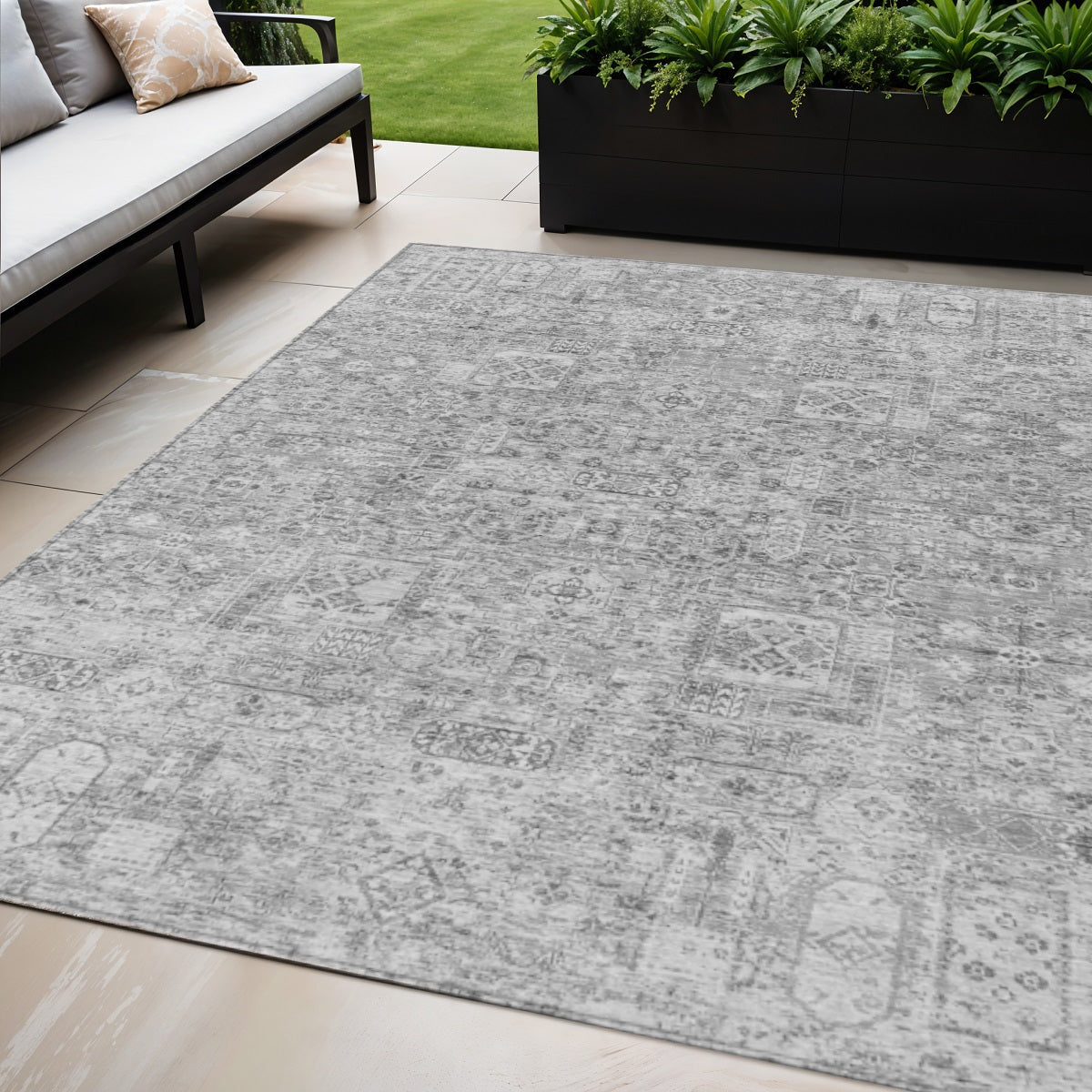 5' X 8' Gray Silver And Charcoal Floral Washable Indoor Outdoor Area Rug