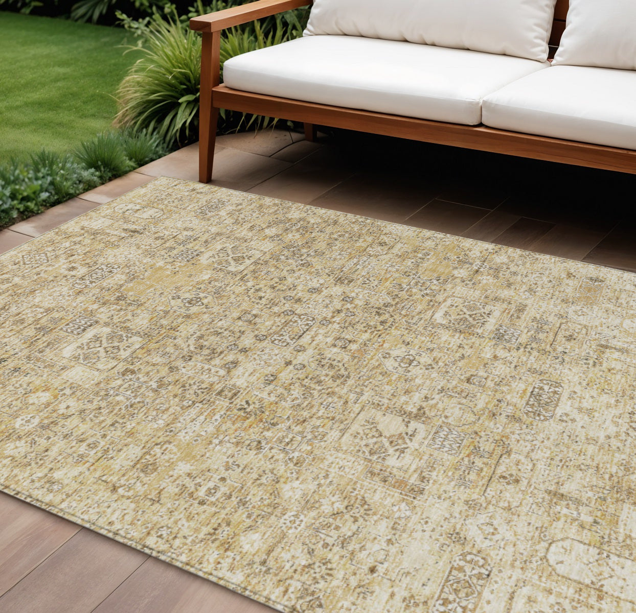 10' X 14' Wheat Beige And Gray Floral Washable Indoor Outdoor Area Rug