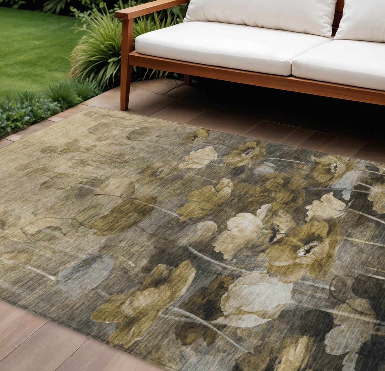 8' X 10' Taupe Beige And Tan Floral Washable Indoor Outdoor Area Rug
