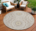 8' Taupe Khaki And Ivory Round Floral Medallion Washable Indoor Outdoor Area Rug