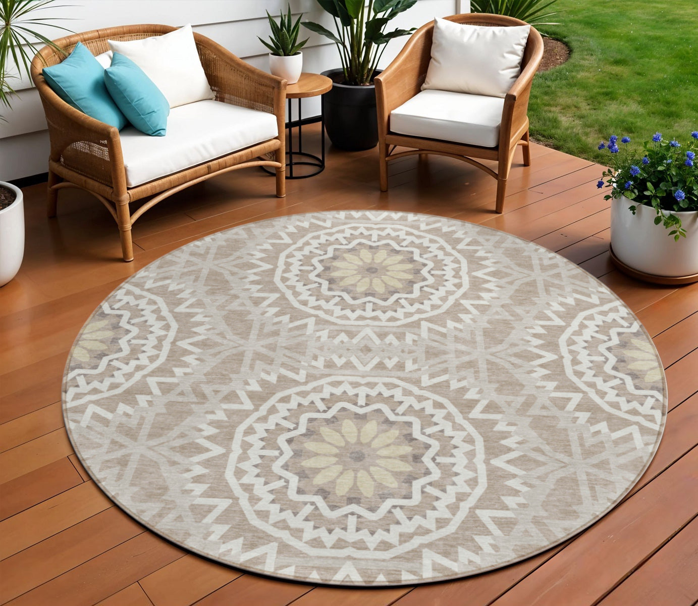 8' Taupe Khaki And Ivory Round Floral Medallion Washable Indoor Outdoor Area Rug