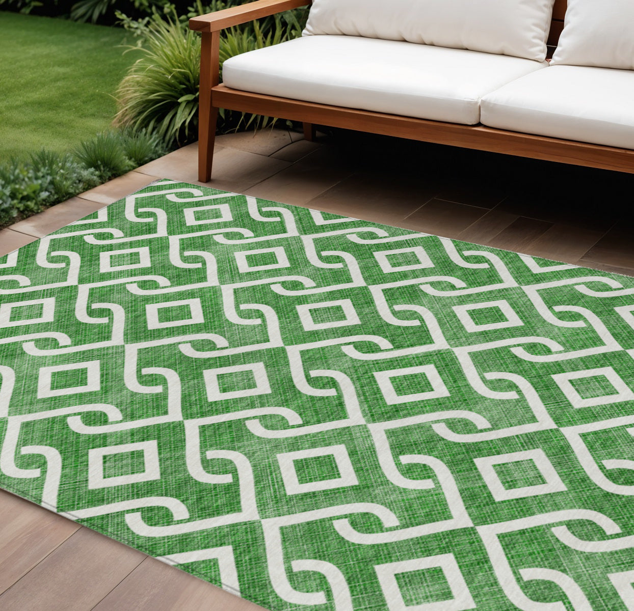 9' X 12' Emerald And Ivory Geometric Washable Indoor Outdoor Area Rug