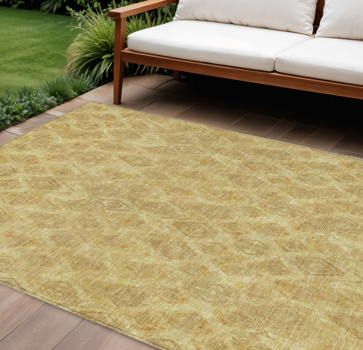9' X 12' Gold Taupe And Beige Geometric Washable Indoor Outdoor Area Rug