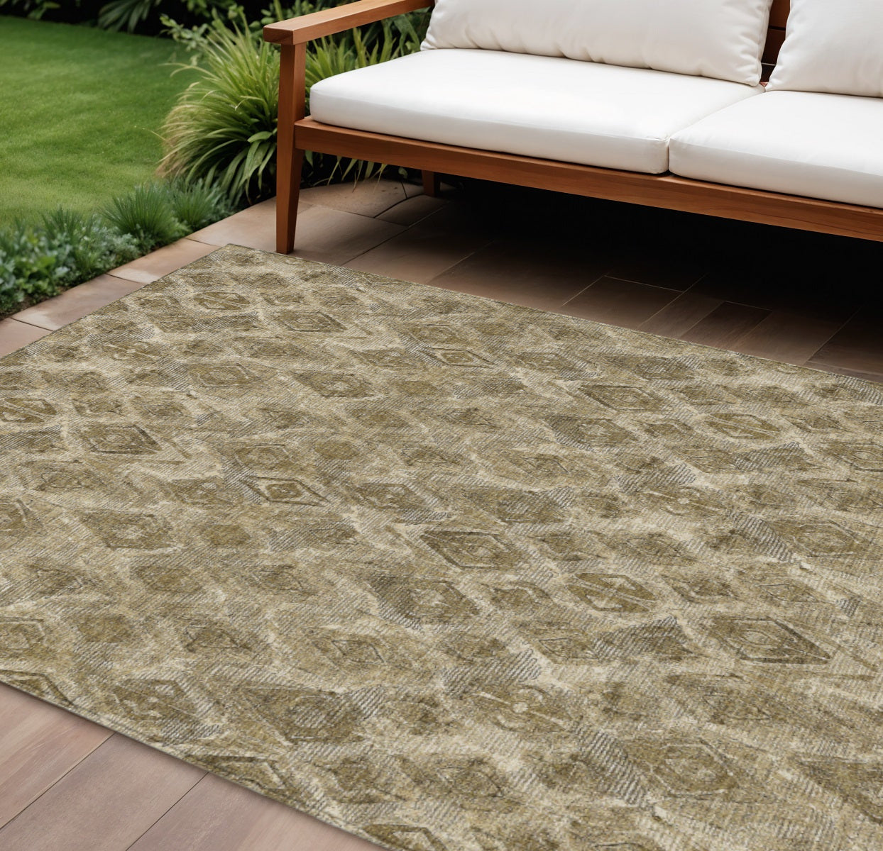 9' X 12' Brown Beige And Tan Geometric Washable Indoor Outdoor Area Rug