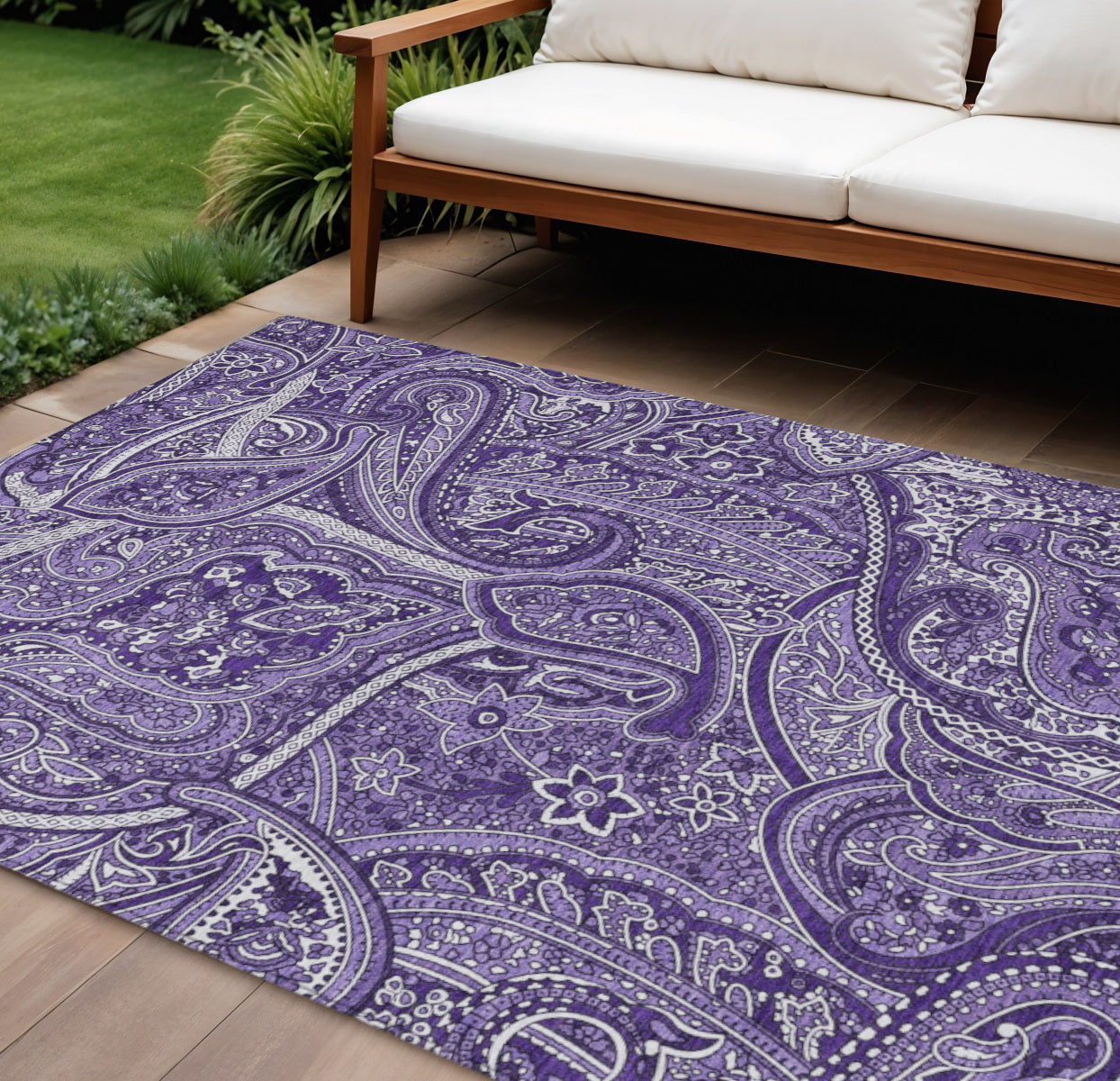10' X 14' Purple Lavender And Silver Paisley Washable Indoor Outdoor Area Rug