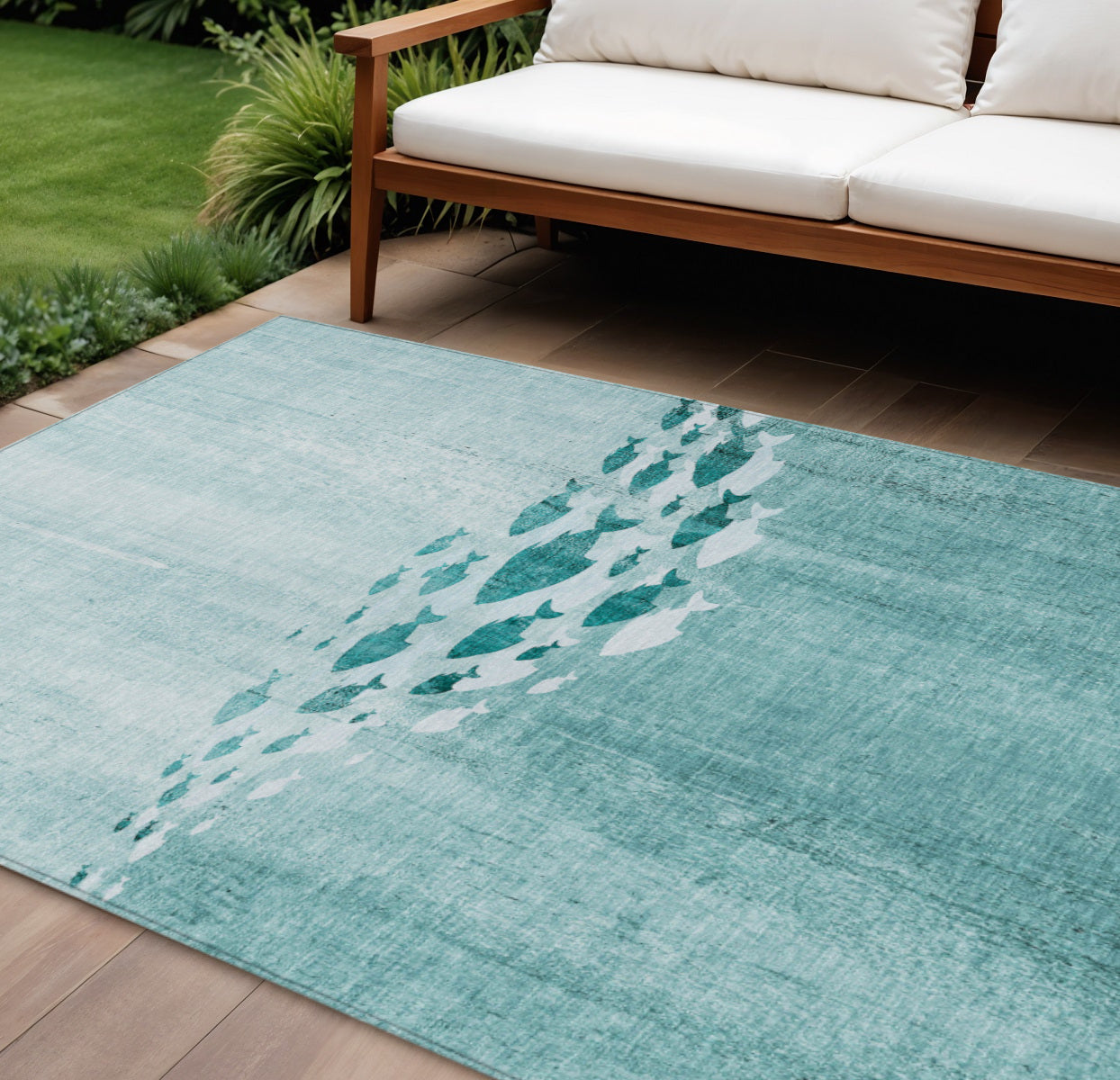 10' X 14' Teal Blue Aqua And Ivory Nautical Washable Indoor Outdoor Area Rug