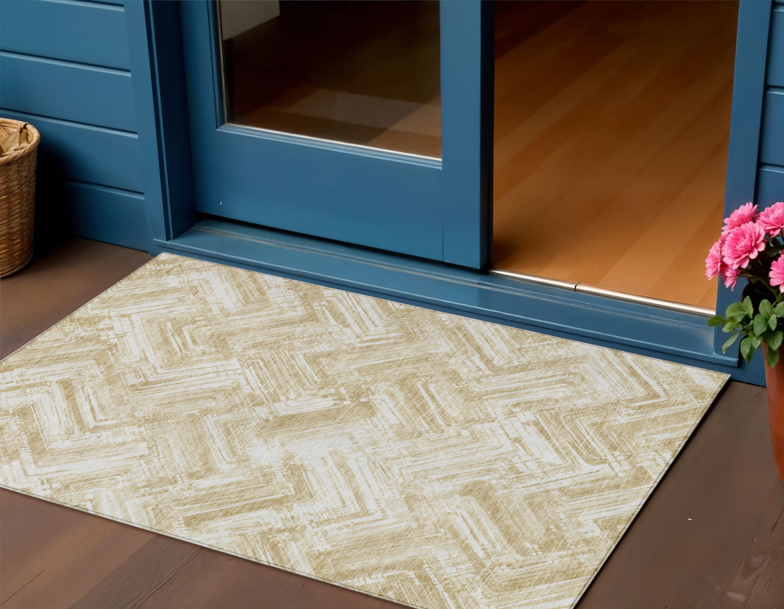 3' X 5' Beige Tan And Ivory Geometric Washable Indoor Outdoor Area Rug