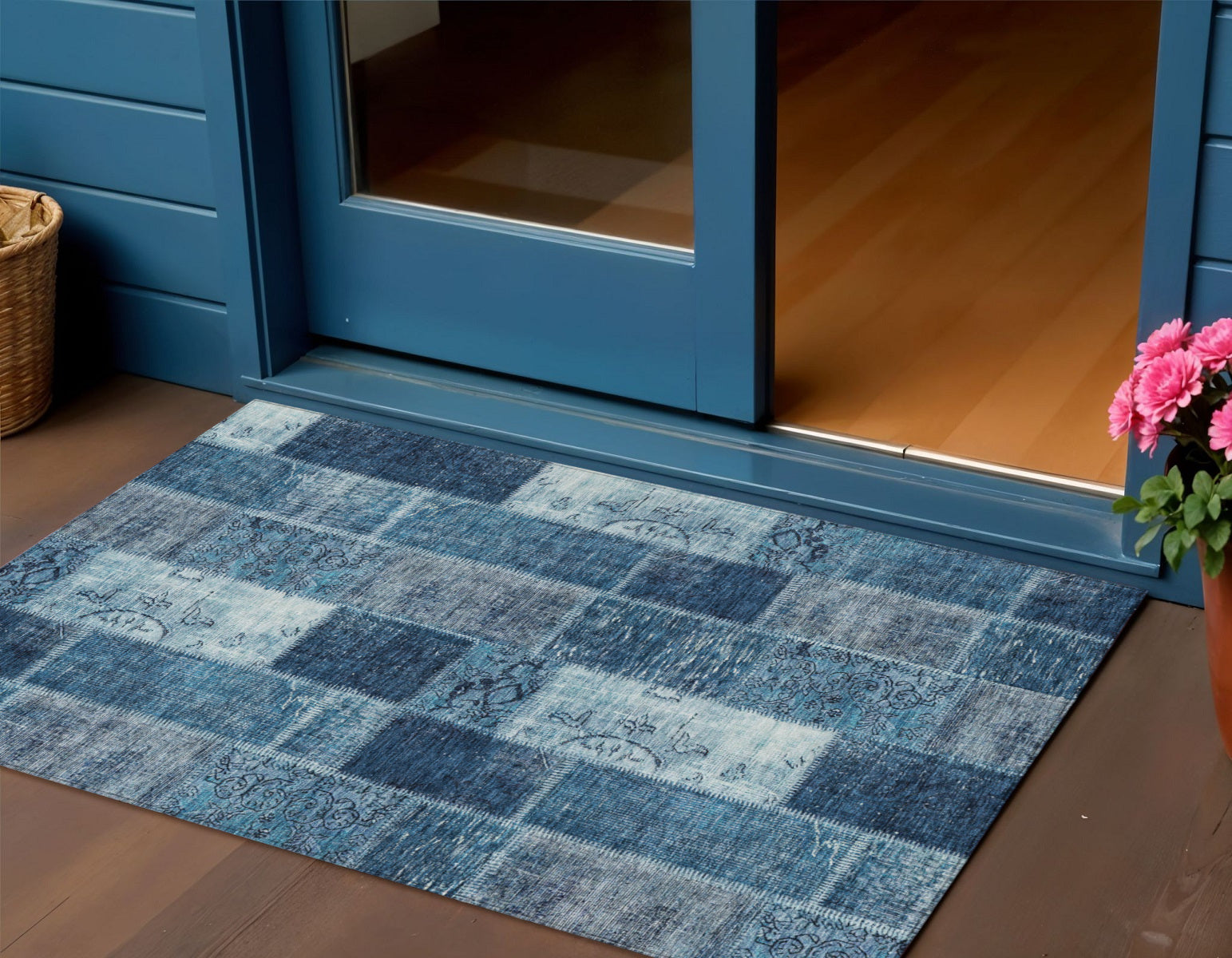 3' X 5' Navy Blue And Sky Blue Patchwork Washable Indoor Outdoor Area Rug